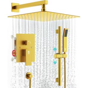 imageSR SUN RISE 10 Inch Brushed Gold Shower Faucet Set WallMount Adjustable 16Inch Slide Bar with Square Hand Shower System Included Valve and Trim Kit