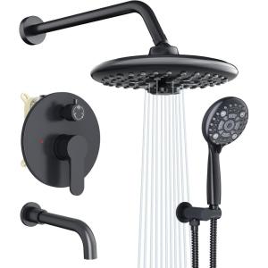 imageSR SUN RISE 10 Inches Wall Mounted Shower System with Tub Spout Shower Tub Faucets Sets Complete Newer Model High Pressure 8Spray Rain Shower Head and 6Setting Handheld Combo Brushed NickelMatte Black