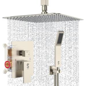 imageSR SUN RISE 12 Inch Ceiling Mount Matte Black Shower System Bathroom Luxury Rain Mixer Shower Faucet Set Ceiling Rainfall Shower Head System Faucet Trim Repair Kits Roughin Valve and Trim IncludedBrushed Nickel