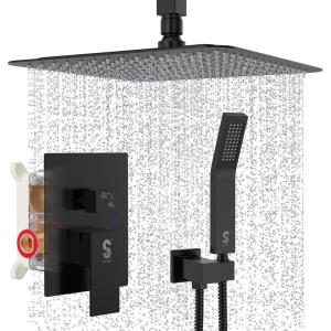 imageSR SUN RISE 12 Inch Ceiling Mount Matte Black Shower System Bathroom Luxury Rain Mixer Shower Faucet Set Ceiling Rainfall Shower Head System Faucet Trim Repair Kits Roughin Valve and Trim IncludedMatte Black