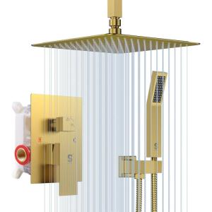 imageSR SUN RISE 12 Inch Ceiling Mount Matte Black Shower System Bathroom Luxury Rain Mixer Shower Faucet Set Ceiling Rainfall Shower Head System Faucet Trim Repair Kits Roughin Valve and Trim IncludedBrushed Gold