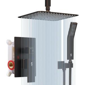 imageSR SUN RISE 12 Inch Ceiling Mount Matte Black Shower System Bathroom Luxury Rain Mixer Shower Faucet Set Ceiling Rainfall Shower Head System Faucet Trim Repair Kits Roughin Valve and Trim IncludedOil Rubbed Bronze