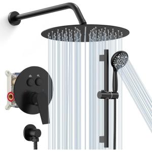 imageSR SUN RISE 12 Inch Oil Rubbed Bronze Shower System WallMount Adjustable 16Inch Slide Bar with 6Function Hand Shower Faucet Included Valve and Trim KitMatte Black
