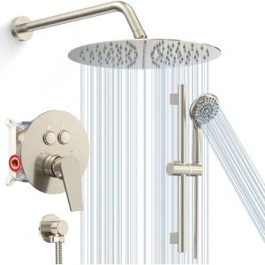 imageSR SUN RISE 12 Inch Oil Rubbed Bronze Shower System WallMount Adjustable 16Inch Slide Bar with 6Function Hand Shower Faucet Included Valve and Trim KitBrushed Nickel