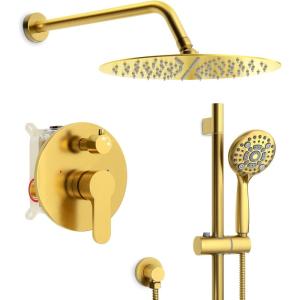 imageSR SUN RISE 12 Inch Oil Rubbed Bronze Shower System WallMount Adjustable 16Inch Slide Bar with 6Function Hand Shower Faucet Included Valve and Trim KitBrushed Gold