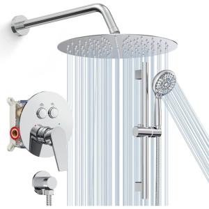 imageSR SUN RISE 12 Inch Oil Rubbed Bronze Shower System WallMount Adjustable 16Inch Slide Bar with 6Function Hand Shower Faucet Included Valve and Trim KitPolished Chrome