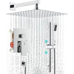imageSR SUN RISE 12 Inch Slide Bar Shower Faucet Luxury High Pressure Shower Heads and Handheld Spray Combo Set Wall Mounted Shower System Included Valve and Trim Kit Matte BlackPolished Chrome