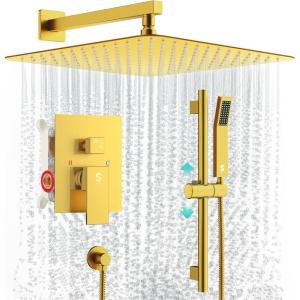 imageSR SUN RISE 12 Inch Slide Bar Shower Faucet Luxury High Pressure Shower Heads and Handheld Spray Combo Set Wall Mounted Shower System Included Valve and Trim Kit Matte BlackBrushed Gold