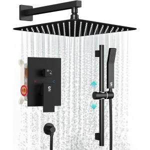 imageSR SUN RISE 12 Inch Slide Bar Shower Faucet Luxury High Pressure Shower Heads and Handheld Spray Combo Set Wall Mounted Shower System Included Valve and Trim Kit Matte BlackMatte Black