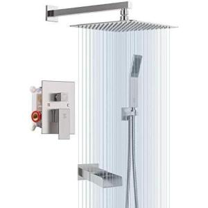imageSR SUN RISE 12 Inches All Metal Shower System with Tub Spout Square Rain Shower Head and Handheld Combo Shower Fixtures Bathtub Faucet Set Shower Valve and Trim Kit Brushed Nickel