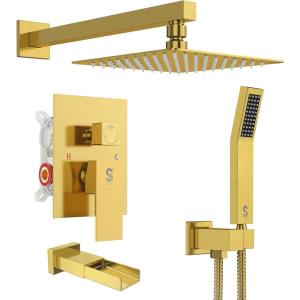 imageSR SUN RISE 12 Inches All Metal Square Shower System with Tub Spout Tub Shower Faucet Set High Pressure Rain Shower Head and Handheld Sprayer Combo Shower Fixtues Valve Included Polished ChromeBrushed Gold