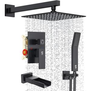 imageSR SUN RISE 12 Inches All Metal Square Shower System with Tub Spout Tub Shower Faucet Set High Pressure Rain Shower Head and Handheld Sprayer Combo Shower Fixtues Valve Included Polished ChromeMatte Black