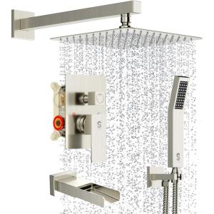 imageSR SUN RISE 12 Inches All Metal Square Shower System with Tub Spout Tub Shower Faucet Set High Pressure Rain Shower Head and Handheld Sprayer Combo Shower Fixtues Valve Included Polished ChromeBrushed Nickel