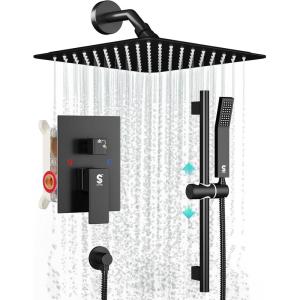 imageSR SUN RISE 8 Inch Slide Bar Shower Faucet Luxury WallMount 16Inch Adjustable Slide Bar Hand Held Shower System Included Valve and Trim Kit Matte Black