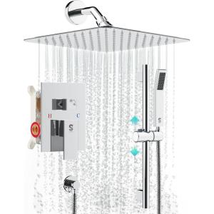 imageSR SUN RISE 8 Inch Square Shower Faucet Adjustable 16Inch Slide Bar Hand Held Shower with Hose Square Rain Shower Head and Handheld Spray Included Valve and Shower Trim Kit Polished Chrome