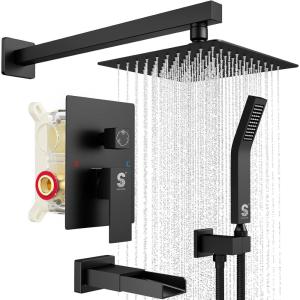 imageSR SUN RISE 8 Inches Wall Mounted Bathtub Shower Faucet Set All Metal Shower System with Tub Spout Rain Shower Head and Handheld Sprayer Combo Shower Set Modern Valve and Trim Kit Polished ChromeMatte Black