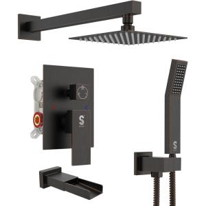 imageSR SUN RISE 8 Inches Wall Mounted Bathtub Shower Faucet Set All Metal Shower System with Tub Spout Rain Shower Head and Handheld Sprayer Combo Shower Set Modern Valve and Trim Kit Polished ChromeOil Rubbed Bronze