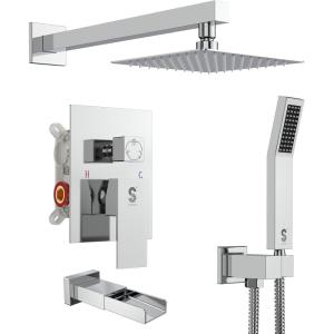 imageSR SUN RISE 8 Inches Wall Mounted Bathtub Shower Faucet Set All Metal Shower System with Tub Spout Rain Shower Head and Handheld Sprayer Combo Shower Set Modern Valve and Trim Kit Polished ChromePolished Chrome