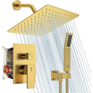 imageSR SUN RISE Shower Faucet Set Bathroom Square Rain Shower Head with Handheld Spray Wall Mounted Rainfall Shower Fixtures Brushed Nickel Shower Faucet Trim Repair Kits Contain Shower Valve10 InchesBrushed Gold