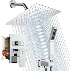 imageSR SUN RISE Shower Faucet Set Bathroom Square Rain Shower Head with Handheld Spray Wall Mounted Rainfall Shower Fixtures Brushed Nickel Shower Faucet Trim Repair Kits Contain Shower Valve10 InchesPolished Chrome