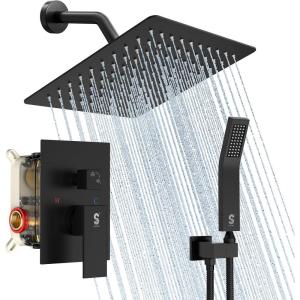 imageSR SUN RISE Shower Faucet Set Bathroom Square Rain Shower Head with Handheld Spray Wall Mounted Rainfall Shower Fixtures Brushed Nickel Shower Faucet Trim Repair Kits Contain Shower Valve10 InchesMatte Black