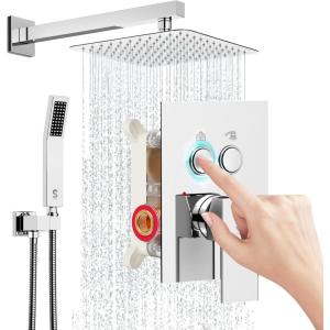 imageSR SUN RISE Shower System with Push Button Diverter Luxury 10 Inch Rain Shower Head with Handheld Spray High Pressure Shower Faucet Combo Set with Roughin Valve Polished Chrome