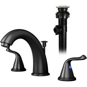 imageSR SUN RISE Widespread Bathroom Faucets 3 Hole Bathroom Sink Faucet 8 inch  Matte Black 2 Handle Basin Bathroom Faucet with Lift Rod Drain Assembly for RV Bath Vanity
