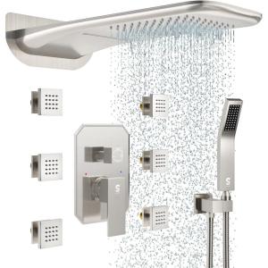imageWaist Massage Spray Shower System with 6 Body Jets 12 Rain Shower System with Jets and Handheld Shower Faucet Set with Roughin Valve Wall Mounted Shower Fixture Set for Bathroom Brushed NickelBrushed Nickel