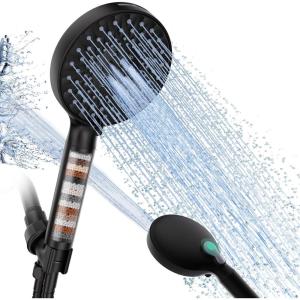 imageFiltered Shower Head with Handheld High Pressure 9 Spray Mode Brushed Gold Showerhead with 4 Filters Detachable Shower Head Water Softener Filters Beads for Hard Water  Remove ChlorineMatte Black