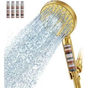imageFiltered Shower Head with Handheld High Pressure 9 Spray Mode Brushed Gold Showerhead with 4 Filters Detachable Shower Head Water Softener Filters Beads for Hard Water  Remove ChlorineBrushed Gold