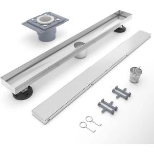 imageSR SUN RISE 24 Inch Linear Shower Floor Drain with Extra PVC Shower Drain Base Rectangle Shower Drain with Tile Insert Grate and Hair Strainer Adjustable Leveling Feet Brushed 304 Stainless Finished