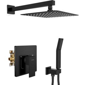 imageSR SUN RISE Shower Faucet Set ampamp System  10 Inch Rainfall Shower Head ampamp Handle Set Wall Mounted Brushed Nickel Solid Brass Valve Trim Kit IncludedMatte Black