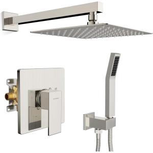 imageSR SUN RISE Shower Faucet Set ampamp System  10 Inch Rainfall Shower Head ampamp Handle Set Wall Mounted Brushed Nickel Solid Brass Valve Trim Kit IncludedBrushed Nickel