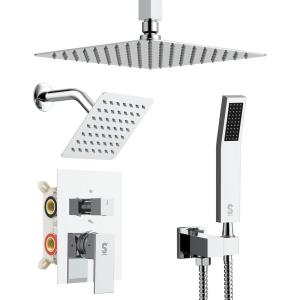 imageShower Faucet Set Shower System  SR SUN RISE Matte Black Shower Trim Kit with Dual Shower Head 12 Ceiling Rainfall 6 Wall Mount with Handheld Shower for Couples Complete 6 Diverter ValvePolished Chrome