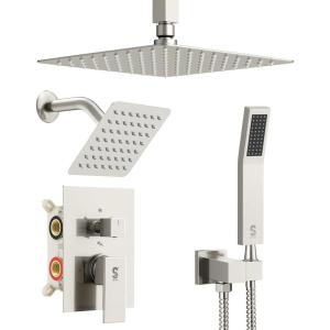 imageShower Faucet Set Shower System  SR SUN RISE Matte Black Shower Trim Kit with Dual Shower Head 12 Ceiling Rainfall 6 Wall Mount with Handheld Shower for Couples Complete 6 Diverter ValveBrushed Nickel
