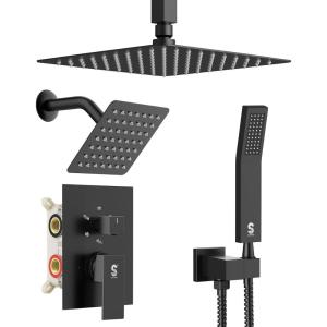 imageShower Faucet Set Shower System  SR SUN RISE Matte Black Shower Trim Kit with Dual Shower Head 12 Ceiling Rainfall 6 Wall Mount with Handheld Shower for Couples Complete 6 Diverter ValveMatte Black