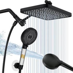 image12 Inch Wide Rain Shower Head with Filtered Handheld Combo High Pressure Rainfall Shower Head 9 Spray Modes Handheld with 9Inch Extension Arm Comes with Filter Removes ChlorineBlackBlack