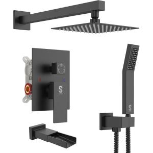 imageSR SUN RISE 12 Inches All Metal Square Shower System with Tub Spout Tub Shower Faucet Set High Pressure Rain Shower Head and Handheld Sprayer Combo Shower Fixtues Valve Included Brushed NickelMatte Black