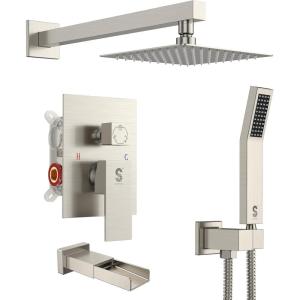 imageSR SUN RISE 12 Inches All Metal Square Shower System with Tub Spout Tub Shower Faucet Set High Pressure Rain Shower Head and Handheld Sprayer Combo Shower Fixtues Valve Included Brushed NickelBrushed Nickel