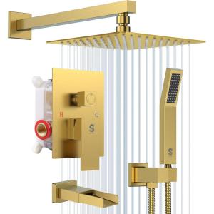 imageSR SUN RISE 12 Inches All Metal Square Shower System with Tub Spout Tub Shower Faucet Set High Pressure Rain Shower Head and Handheld Sprayer Combo Shower Fixtues Valve Included Brushed NickelBrushed Gold